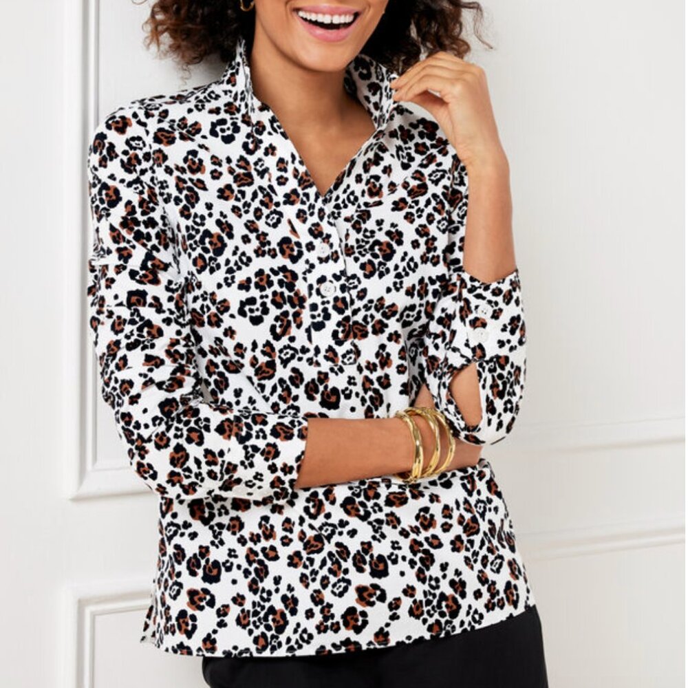 Talbots White Leopard Print Button-Down Shirt